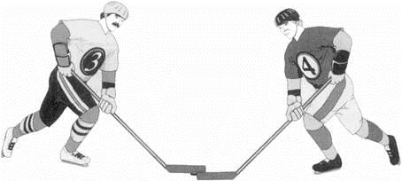 (Total 10 marks) Q13. (a) The picture shows two ice hockey players skating towards the puck. The players, travelling in opposite directions, collide, fall over and stop.