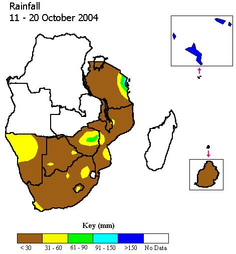 October 2004 Dekadal cumulative rainfall Trend: Most area had