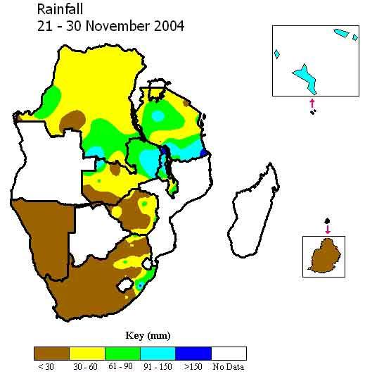 Areas with the highest rainfall over this period(>150mm): Northern Malawi Seychelles &