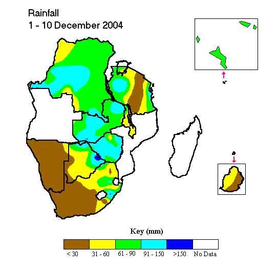 December 2004 Dekadal cumulative rainfall Trend: Most areas had widespread rainfall, the s western