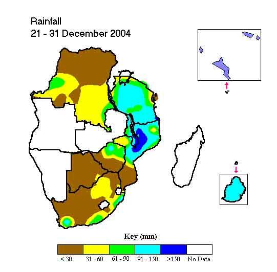 Countries with the highest rainfall over this period(>90mm): DRC, Seychelles, Zambia, Zimbabwe &