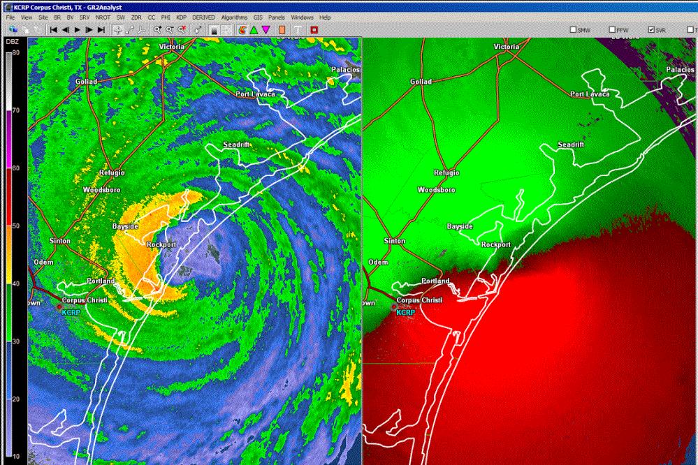 Figure 2. KCRP radar showing the approximate time of landfall of Hurricane Harvey near Rockport, Texas. Image time is 0259 UTC 26 August 2017. 2017 (Fig. 1).