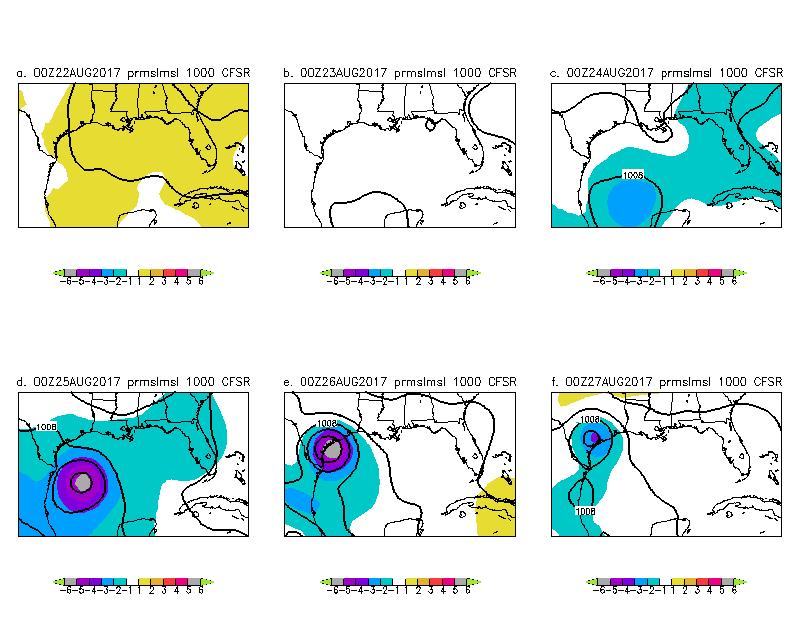 Figure 4. CFSR mean sea level pressure and anomalies every 24 hours from 0000 UTC 22 to 0000 UTC 27 August 2017. Isobars every 4 hpa. Anomalies as in the color bar. Return to text. Gulf of Mexico.