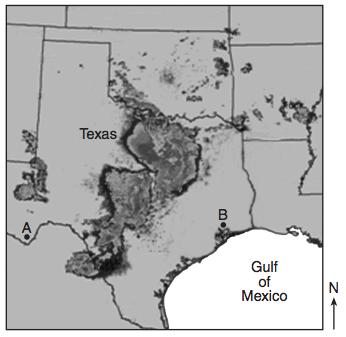 ü Checkpoint Weather Forecasting 1) The computer image below shows a rainstorm over Texas. Letters A and B represent locations on Earth s surface.