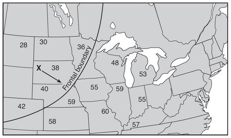 ü Checkpoint Weather Maps: Base your answers to questions 1 and 2 on the map below which shows the boundary between two air masses. The arrows show the direction in which the boundary is moving.