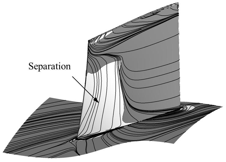 Regions of attached (dark grey) and separated (light grey) boundary layer on the blade (shown by positive and negative wall shear stress along the axial direction) at Re = 50, 000 The differences