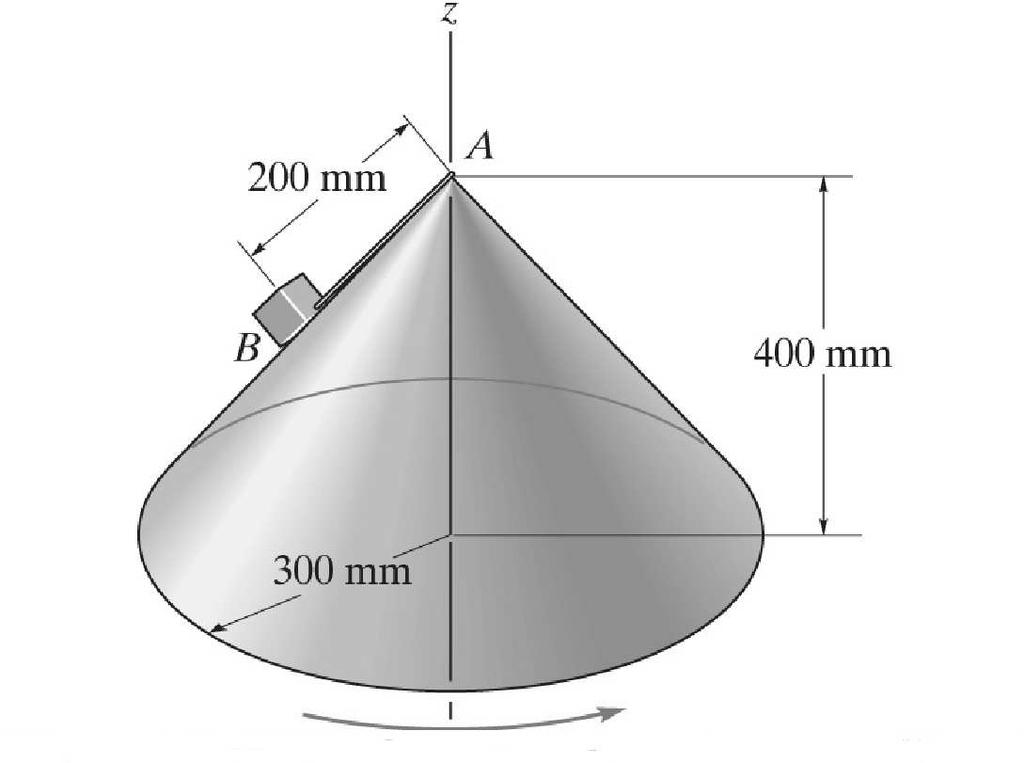 Example: The smooth block B, having a mass of 0.2 kg, is attached to the vertex A of the right circular cone using a light cord.