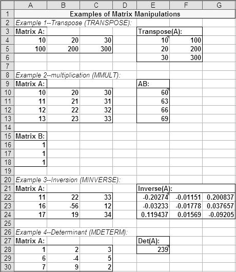 D.3 Quadratic Forms CD-5 FIGURE D. Matrix manipulations using Excel (file excelmatmanip.xls) D.