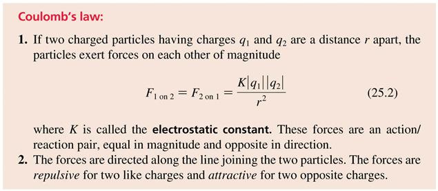 Coulomb s Law When two oppositely charged particles are a distance, r, apart, they each experience an attractive force. In SI units K = 8.99 10 9 N m 2 /C 2.
