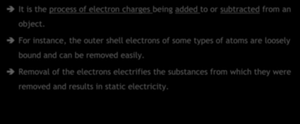 2.1 Electrostatics 2.1.3 Electrification It is the process of electron charges being added to or subtracted from an object.