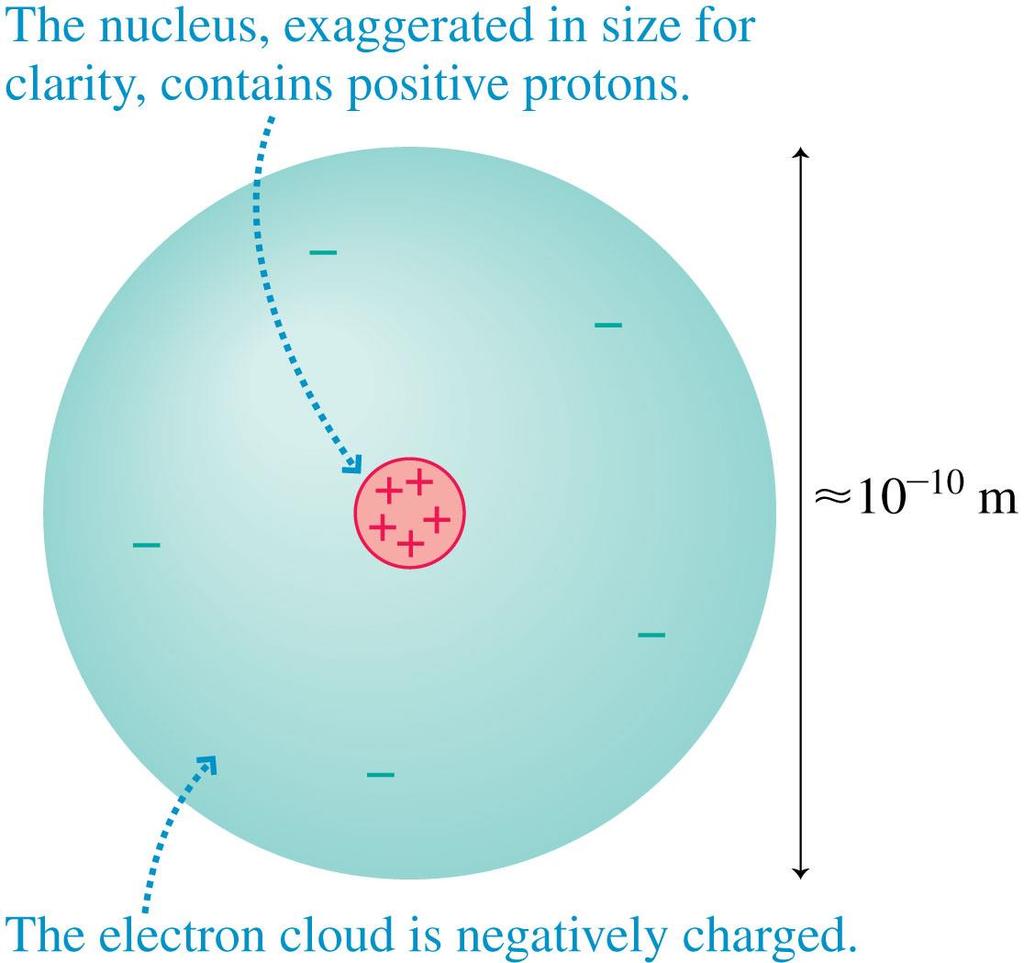 Charges, Atoms, and Molecules An atom has a dense, positively charged nucleus, containing positively charged protons and neutral neutrons.