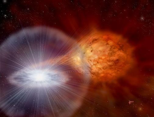 Optical novae & V407 Cyg Novae thermonuclear outburst in binary (Credit: David Hardy/PPARC) systems containing an accreting white dwarf (WD) accreted material accumulates until pressure at base of