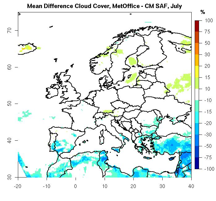 Mean differences, cloud cover, MetOffice - CM SAF