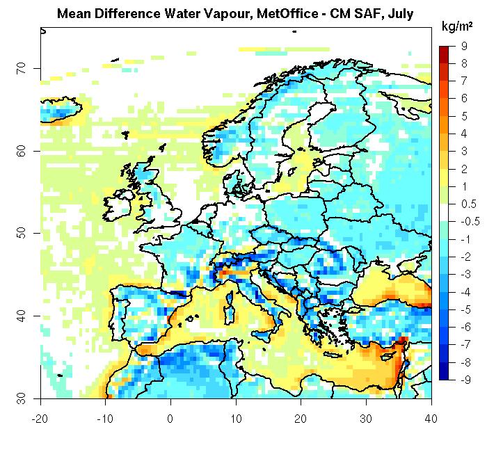 Mean differences, water vapour, MetOffice - CM SAF
