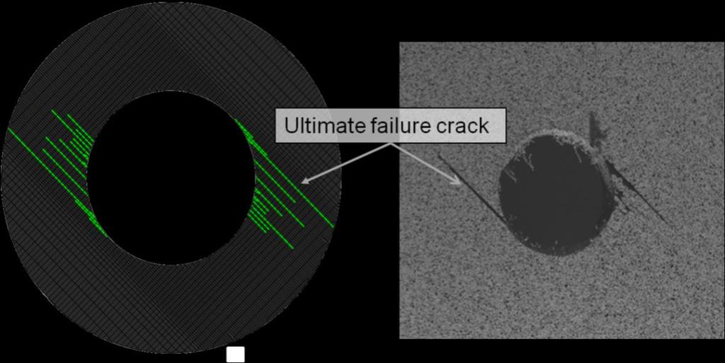 7239 lbs a new crack starts to develop in the 45 deg. plies on each side of the hole, initiating at about 45 deg. and 225 deg. radial positions.