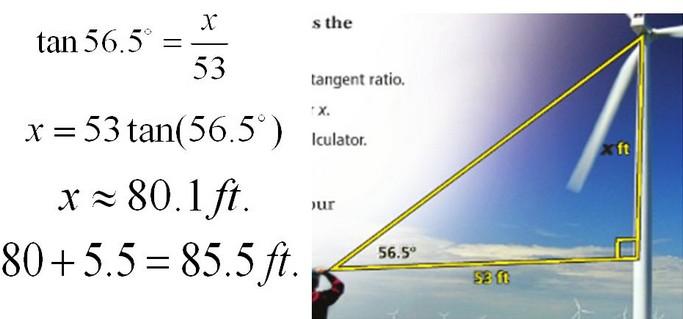 Your angle of elevation to the hub of the turbine is 56.5 o.