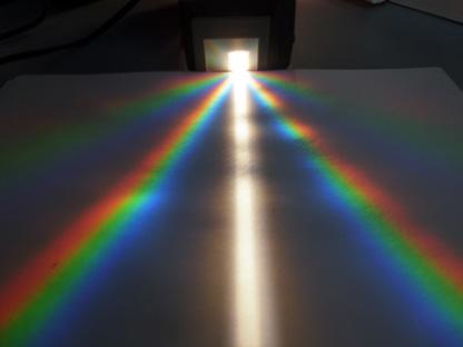 (d) Moana then shines white light through a diffraction grating. The pattern she sees is shown below. 7 Explain the pattern Moana observes.