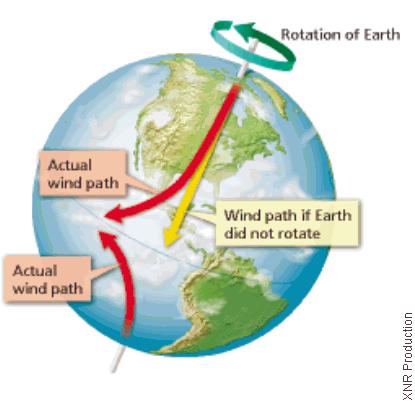 Coriolis Effect: global winds curve due to the rotation of the earth.