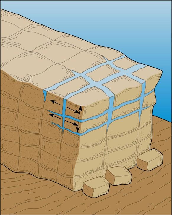 Mechanical Weathering - Disaggregation of Earth Materials Frost Action When water freezes in cracks in rocks it expands and contracts when it thaws, thus exerting