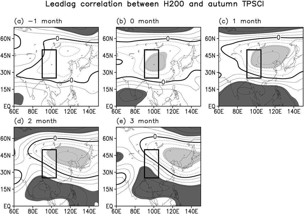 2808 J O U R N A L O F C L I M A T E VOLUME 24 FIG. 6. The lead lag correlation patterns between 200-hPa H (H200) and the autumn TPSCI.
