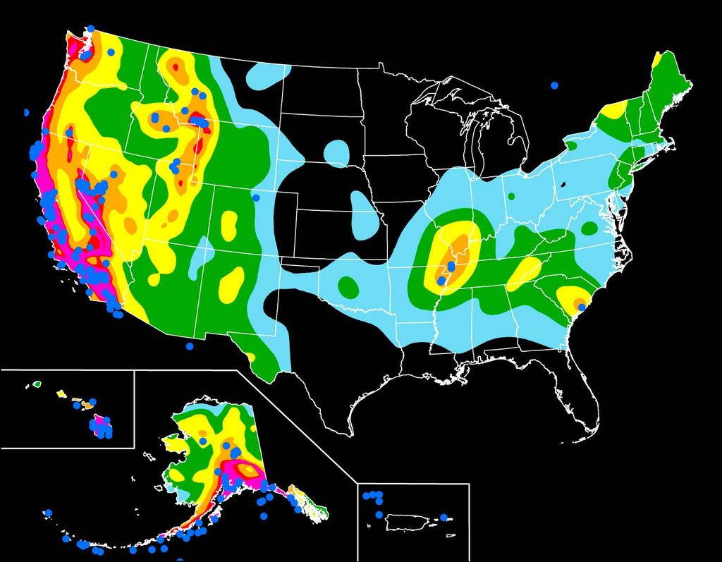 Image courtesy of USGS. This map shows relative shaking hazards in the United States and Puerto Rico.