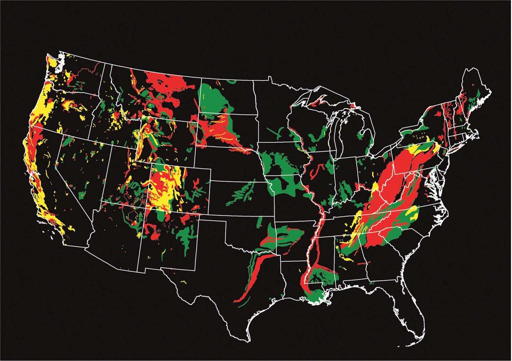 Landslide potential of the conterminous United States: Red areas have very high potential, yellow areas have high potential, and green areas have