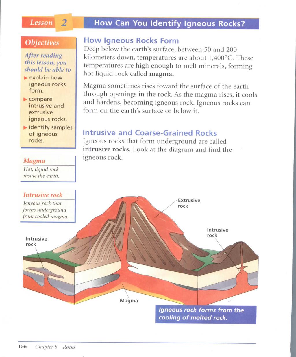 Lesson Objectives After reading this lesson, you should be able to >- explain how igneous rocks form.» compare intrusive and extrusive igneous rocks. * identify samples of igneous rocks.