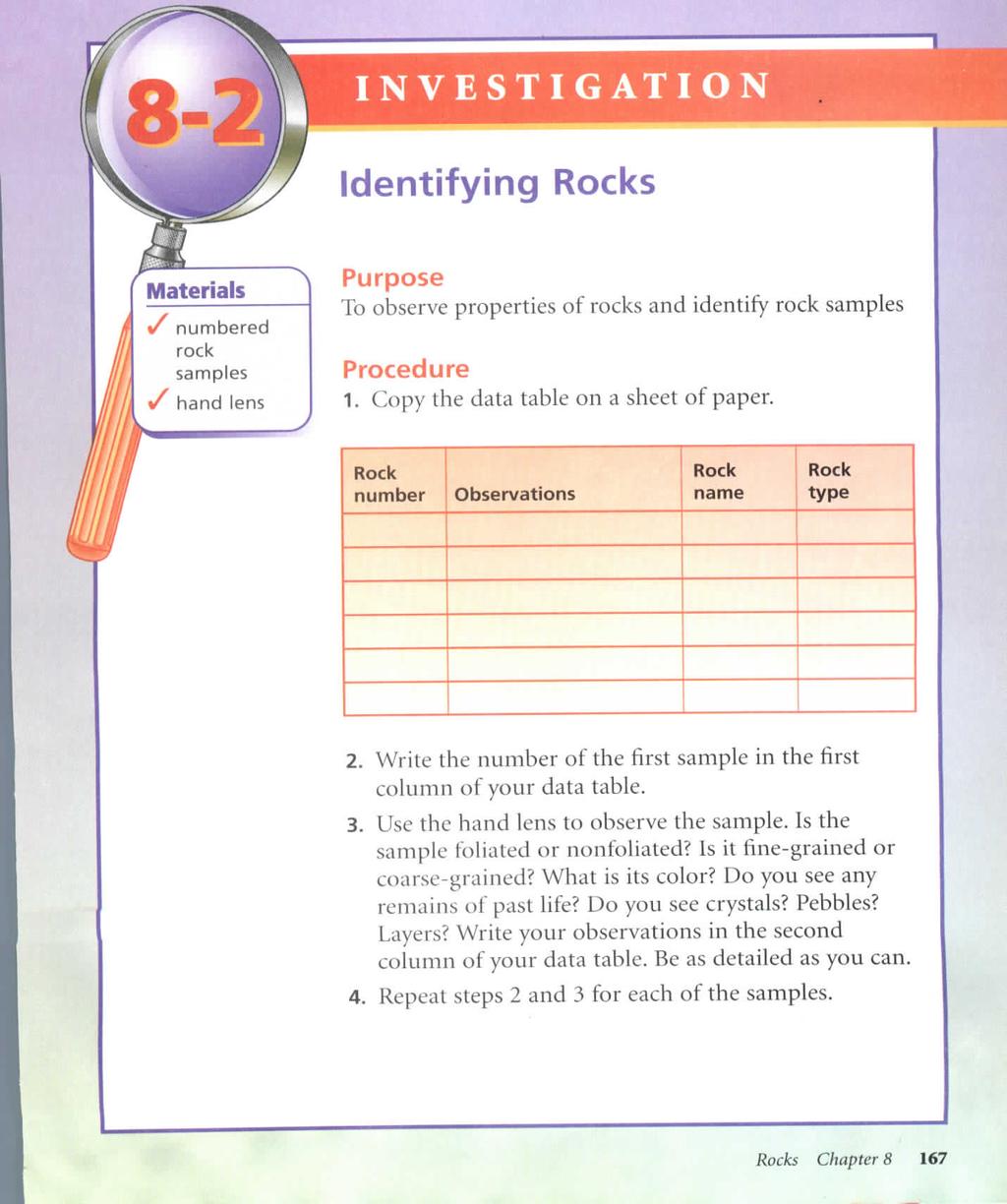 INVESTIGATION Identifying Rocks Materials v numbered rock samples v hand lens Purpose To observe properties of rocks and identify rock samples Procedure 1. Copy the data table on a sheet of paper.
