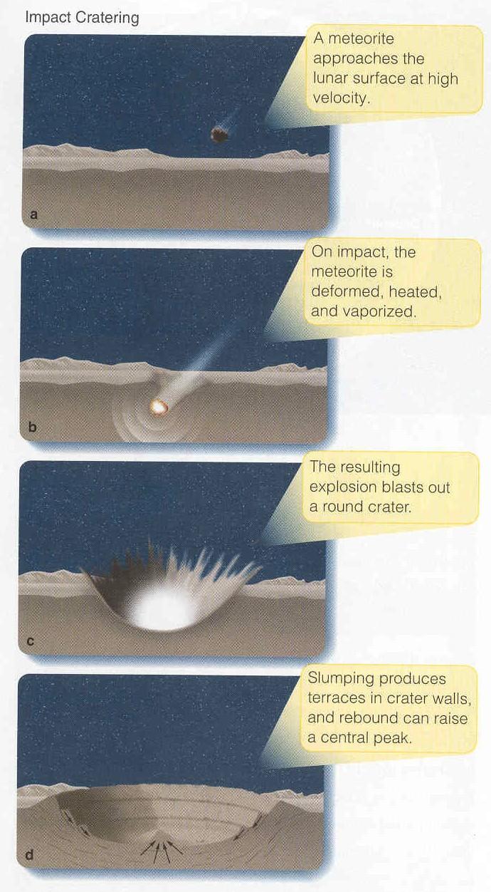 Formation of an impact crater Crater caused by the explosion Impactor is melted, perhaps vaporized by the kinetic energy released Temporary transient crater is round Gravity causes walls to slump
