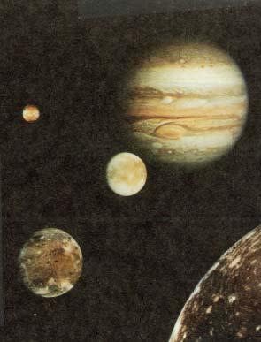 Jupiter Has more than 60 moons Four largest moons are: Io- covered by sulfur volcanoes Europa - has sea of liquid water beneath an icy surface Ganymede - planet-sized body