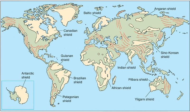 Areas where Precambrian rocks are exposed are shown in