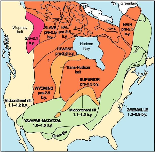 Precambrian provinces in North America, with dates Oldest (Archean)
