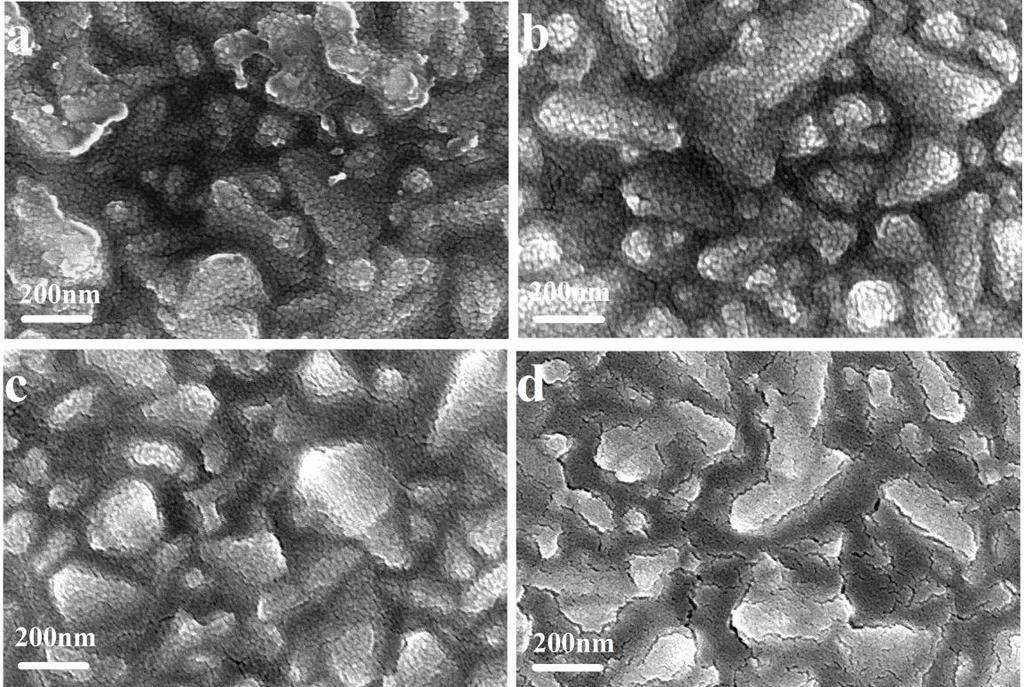 Figure S3. Cross-sectional SEM images of NiOx films fabricated by spin-coating different times on FTO: 1 time (a), 2 times (b), 3 times (c) and 4 times (d), respectively.