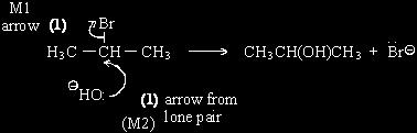 (ii) Name of mechanism: nucleophilic substitution () (both words) (NOT S N ors N 2) Mechanism: penalise incorrect polarity on C Br (M) Credit the arrows even if incorrect haloalkane If S N, both