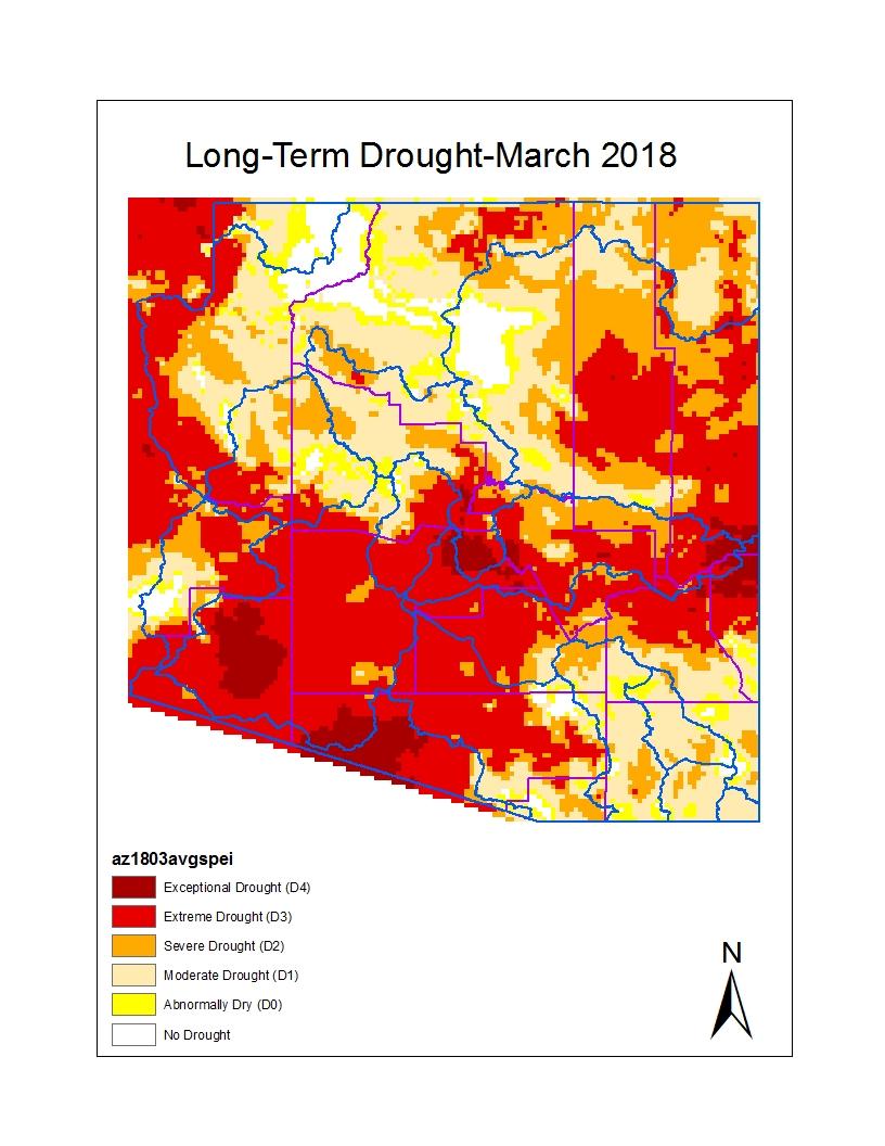 Long-term drought map for March for Arizona shows hydrologic drought, and is based on both precipitation and evaporation using the Standardized Precipitation Index (SPI) and Standardized