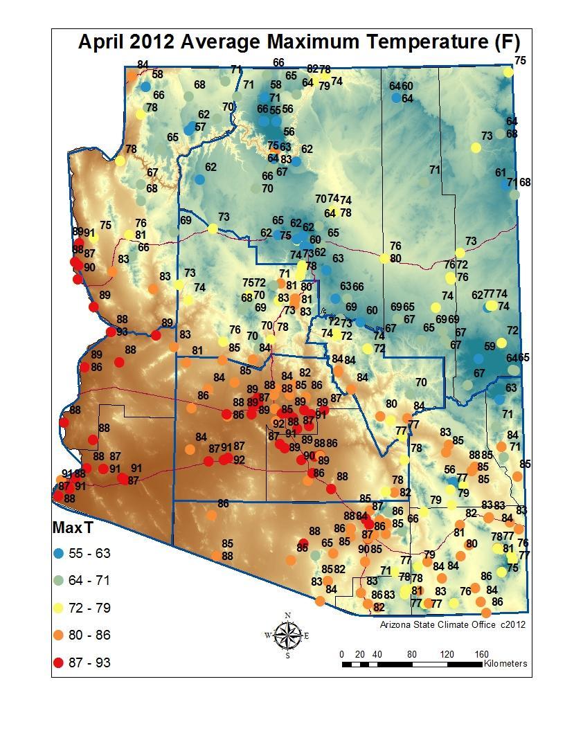 April 2012 Temperature, Dew Point, Wind Speed, and Precipitation Maps are based on preliminary data from the National Weather Service, the Arizona Meteorological Network (AZMet), operated by the