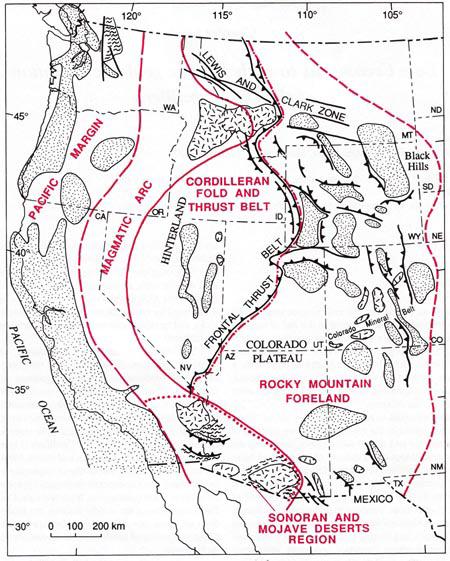 foreland basin Central magmatic arc system Flanking fore-arc and back-arc basins Accretionary complexes Shifting terrains along the coast Pre-Laramide Configuration Fold and thrust belt Magmatic arc