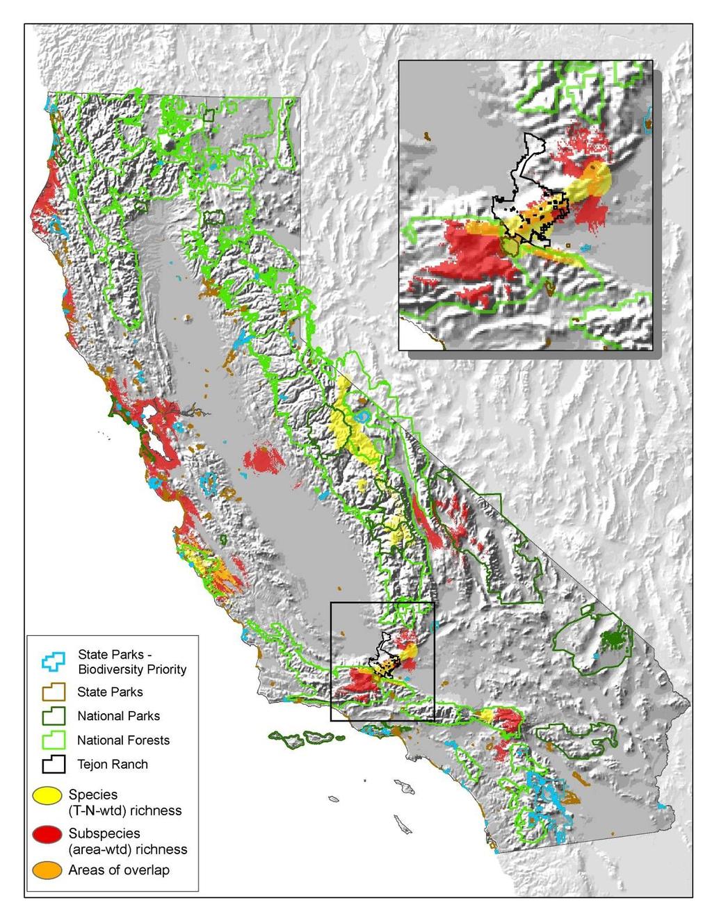 Neo- and subspecies endemism (top 10%) & comparison with CA/Fed Protected Areas Species & subspecies neoendemism areas distinct except Tehachapis, St.