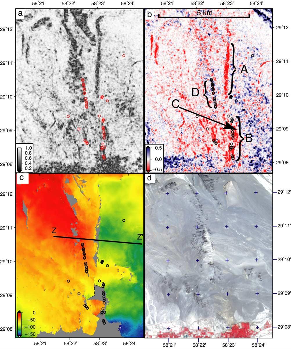 Figure 6. Details of ruptures in area north of Bam city. Panels cover same area. (a) Phase-sigma correlation calculated at roughly 100 m resolution.