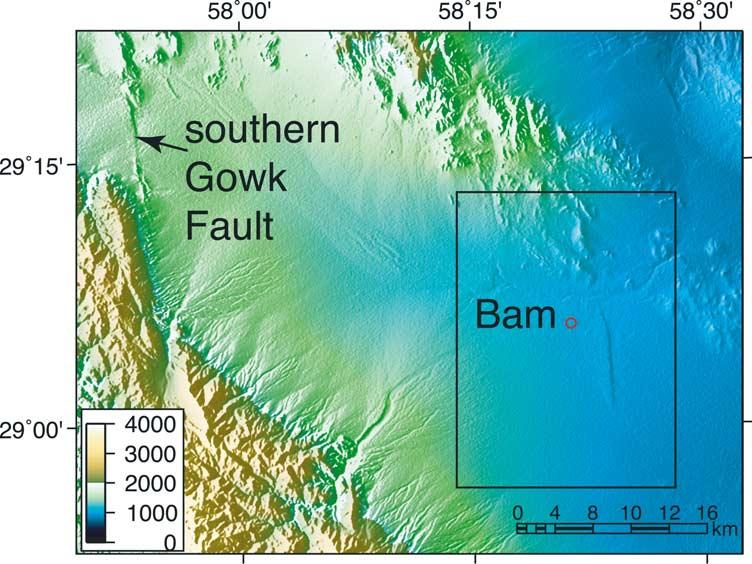 Figure 2. Topography of Bam area, from SRTM 3-arc sec data. Combination of shaded relief (illumination from azimuth 280 ) with color proportional to height.