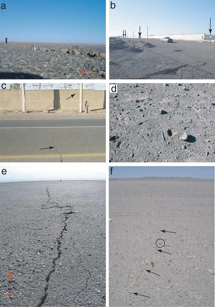 Figure 4. Field photographs of surface ruptures near Bam. (a) Rupture south of Bam in middle of segment C on Figure 5b, with vertical offset of about 5 cm in addition to horizontal offset.