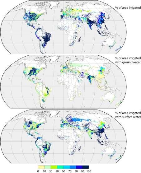 Status of the Global Observing System for Climate 155 Figure 56: Percentage of area equipped for irrigation that was actually irrigated (top), irrigated by groundwater (middle) and irrigated by