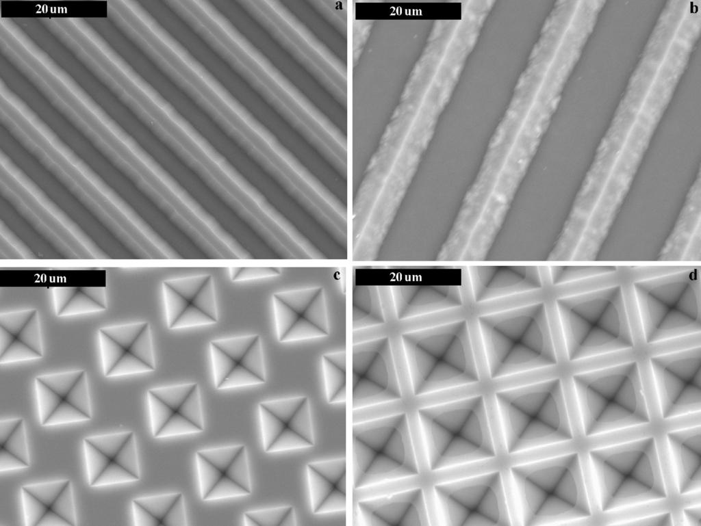 Organization of silica spherical particles into different shapes on silicon substrates 837 Fig. 1. SEM micrographs of the silicon substrates with etched structures: grooves (a, b) and pits (c, d) 3.