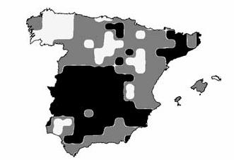 Regions of Spain where the difference between the observation and forecast differ less than 20 percentile in two