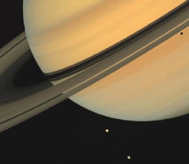 Moons and Rings Voyager 1, JPL, NASA at least 18 moons densities 1200-1900 kg/m 3 Titan: