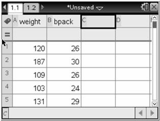 Constructing a Scatterplot: TI Nspire 1. Enter x values into list 1 and enter y values into list 2. 2. Label each column. Label column x : weight and column y: bpack. 3.