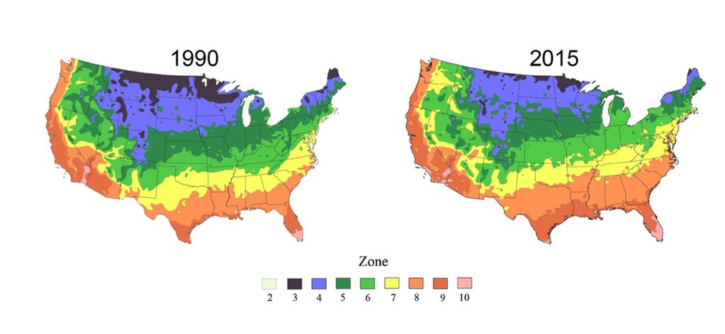 Figure 11. Plant Hardiness Zones, 1990 and 2015. Images from USDA and Arbor Day Foundation.