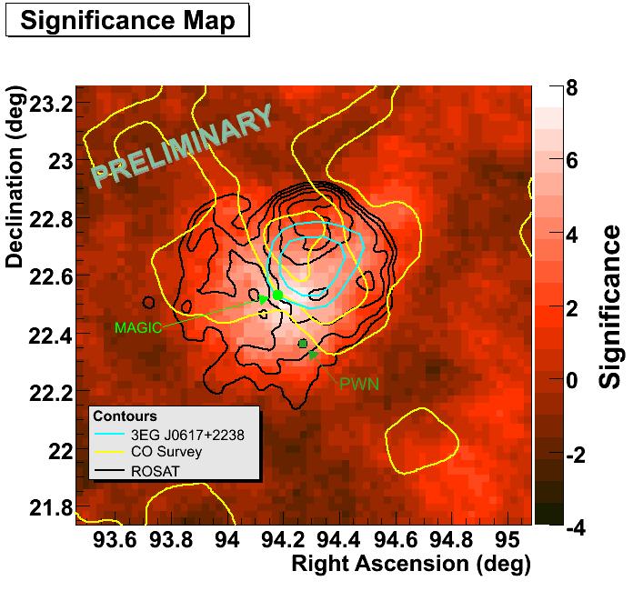 23 IC 443 Spatial overlap between the peak of the gamma ray excess and the CO map. VERITAS detected gamma ray excess region overlaps with MAGIC gamma ray signal.