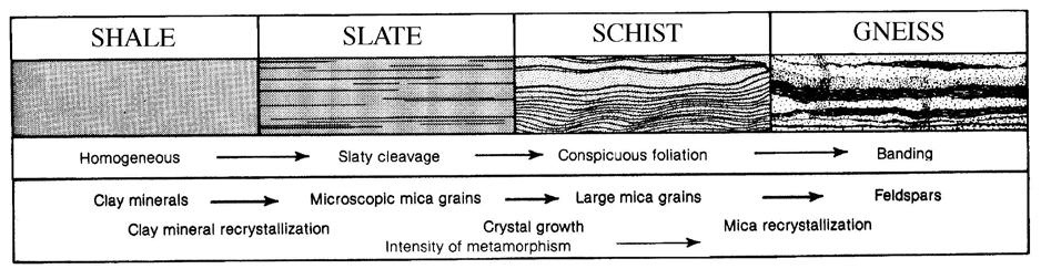 Table 6-2. Common minerals produced from different protoliths exposed todifferent grades of metamorphism.