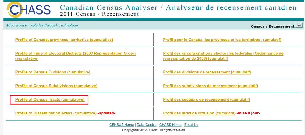 Downloading the Census Data 1. The next step is to download the census data, using the CHASS Canadian Census Analyzer. http://dc1.chass.utoronto.ca/census/index.html 2.